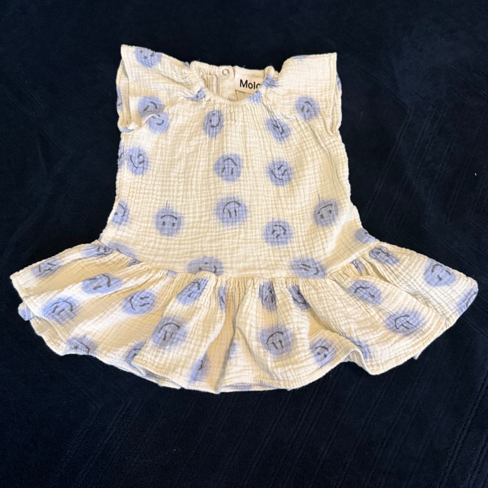 Molo Carolina Smiley Face Cotton Gauze Dress Off-White Blue Kids Size 80